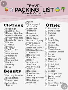 a travel packing list with the words beach vacation written in black and white on it