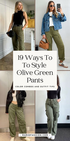 Transform your olive green pants into standout outfits with these color pairing tips. Find combinations that enhance and complement your look. Save this pin for easy, stylish ways to wear your olive green pants!	olive green pants outfits | olive green pants | olive green pants women casual | olive green pants summer | olive green pants work | olive green pants spring | olive green pants outfits aesthetic | olive green pants outfits winter | olive green pants outfit ideas | olive green pants combination | what color matchers with olive green pants | colors to wear with olive green pants | what color shirt goes with olive green pants Green Trouser Outfit Women Winter, Army Green Slacks Outfit Women, Olive Cargo Joggers Outfit, Army Green Trousers Outfit, Olive Cargo Pants Outfit Women, Olive Corduroy Pants Outfit, Army Green Pants Outfit Work, Olive Cargo Outfits Women, Green Olive Pants Outfit