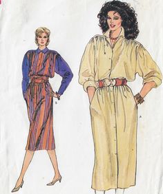 Misses' dress, Very loose-fitting A-line dress, 3" below mid knee or lower mid calf, has shaped collar and band (cut in one) extended shoulders, self-lined yoke with forward shoulder seams, side pockets and full length sleeves with buttoned pleat at lower edge, rolled-up (wrong side of fabric will show), Purchased belt, B: contrast. Pattern printed by Vogue Pattern Service circa 1980's and is in factory folds.  This is an original sewing pattern with all of the original pattern pieces and instru Early 80s Fashion, 1980s Vogue, Etsy Patterns, Yoke Shirt, Contrast Pattern, Vogue Dress Patterns, 20th Century Fashion, Vogue Dress, Vogue Sewing