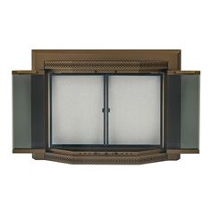 an open fire place with glass doors on the front and side panels in bronze finish