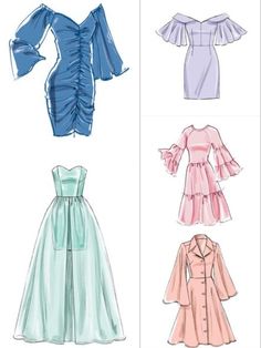 four different styles of dresses with ruffles on the shoulders and long sleeves, one in