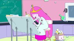 a cartoon character sitting at a desk in front of a chalkboard with music notes on it