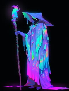 a man dressed in neon colors holding a stick and wearing a hat with feathers on it