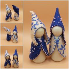 several pictures of small blue and white gnomes