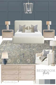 a bedroom with gray walls, white furniture and grey carpeted flooring is featured in this article