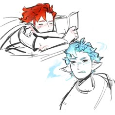 two people laying in bed, one with red hair and the other with blue hair