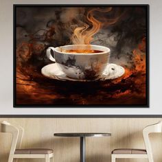 a painting of a cup of coffee with steam coming out of it on the table