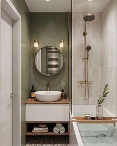 a bathroom with a sink, mirror and bathtub in the corner next to it