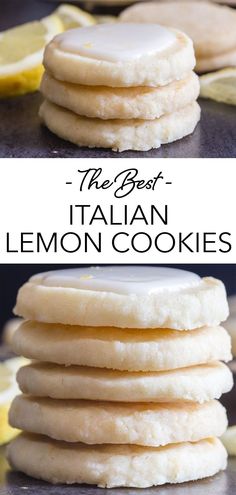 lemon cookies stacked on top of each other with the words, the best italian lemon cookies