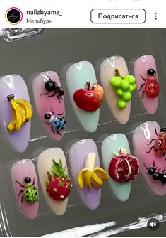 Funky 3d Nails, Tropical Fruit Nails, Fruit Design Nails, Character Nail Designs, Summer Art Ideas, Summertime Nails, Food Nail Art, Patriotic Nail