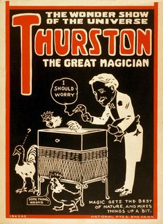 an advertisement for thurston the great magician, with a man looking at it