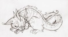 a drawing of a dragon laying down with its head on another dragon's back