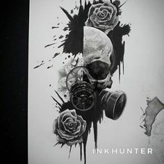 a black and white drawing of a gas mask with roses