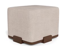 a square ottoman with two wooden handles on the front and back sides, in beige linen