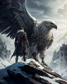 an eagle standing next to a man on top of a snow covered mountain in front of a castle