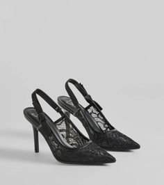 Step into style with these lace stiletto pumps perfect for wedding guests, brides, or any dressy occasion! They feature a closed pointed-toe, an elasticized slingback strap adorned with a side bow accent, a luxe fit cushioned insole for ultimate comfort, and a stiletto heel. Complete the look with a clutch.Fit & Features4" Stiletto HeelClosed pointed-toeElasticized slingback strap, side bow accentLuxe fit cushion insoleLace materialRuns true to size Genshin Oc, Black Lace Shoes, Homecoming Shoes, Prom Dress Shoes, Oc Inspiration, Outfit Wedding Guest, Lace Heels, Lace Material, Black Heel