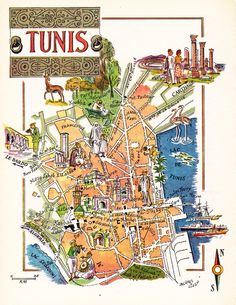 an illustrated map of the city of tunis