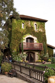 an old house with vines growing on it's side and people standing outside the door