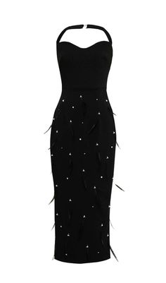 FEATHER RHINESTONES BODYCON MIDI DRESS IN BLACK Floral Dress Shoes, Black Sundress, Black Tie Gala, Rhinestone Embellishments, Bodycon Midi Dress, Swimwear Dress, Bodycon Fashion, Black Women Fashion, Black Midi