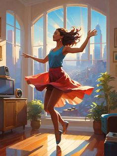 a painting of a woman dancing in front of a window with the sun shining through