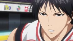 an anime character with black hair wearing a white and red uniform looking at the camera