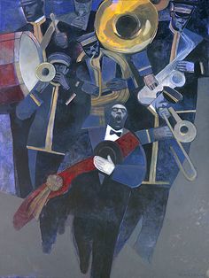 a painting of men with musical instruments in their hands