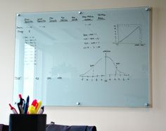 a white board with writing on it in an office