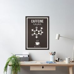 a coffee poster on the wall above a desk