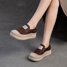 Gender: Women Type: Casual Shoes Main Materials: Cowhide Insole: Pigskin Sole: Rubber Type of Closure:... Platform Slip-ons With Closed Toe, Platform Closed Toe Slip-ons, Slip-on Suede Leather Shoes With Closed Toe, Flat Suede Leather Shoes With Rubber Sole, Suede Leather Slip-on Shoes With Closed Toe, Brown Loafers With Rubber Sole And Flat Heel, Brown Flats With Rubber Sole And Round Toe, Brown Round Toe Flats, Brown Slip-on Loafers With Contrast Sole