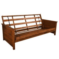 a wooden bench that is sitting up against a white background