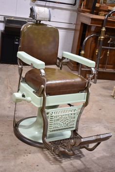 "Amazing! Rare vintage Koken Barber Chair with Green Porcelain and brown leather seat. Working condition. Hydraulics pump up and down. Sweivels. Very Heavy Piece!!  50\"h (adjustable, so +/-) 28\"w to handle 30\" d with foot rest up  Condition: overall good condition with normal wear from use. There is some tarnishing to the nickel plating on the base. Needs a good cleaning.   UPS freight shipping to your home. Professionally packed and shipped with insurance. Please include a good phone number Barber Van, Salon Aesthetic, Barber Chairs, Green Porcelain, Vintage Barber, Barber Shop Decor, Rest Up, Karbala Photography, Decorative Ideas