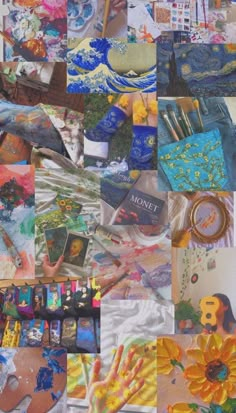 a collage of images with different colored paints and art supplies on them, including flowers