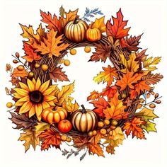 a wreath with autumn leaves and pumpkins