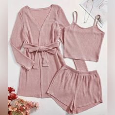 Women’s 3 Piece Pajama Set! Beautiful Pink Set Including Robe, Cami & Shorts! Size Xl! So Soft & Cuddly Reposhing This Item I Purchased From @Thestudiocloset. Lounge Wear Shorts, Knit Lounge Set, Plus Size Robes, Cute Sleepwear, Cute Pajama Sets, Night Suit, Cute Pajamas, Collars For Women, Looks Chic