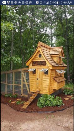 a chicken coop in the middle of a garden