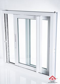 an open window with white frame and glass on the outside, in front of a white wall