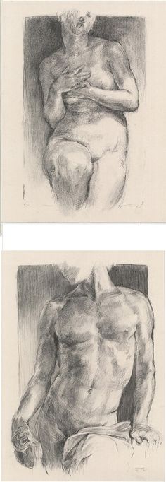 two drawings of a naked man sitting on a chair with his back turned to the side