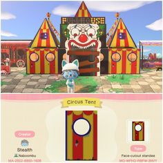 an animal crossing game with circus tents and clowns in the background, including a cat