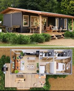 two pictures showing the inside and outside of a small house with an open floor plan