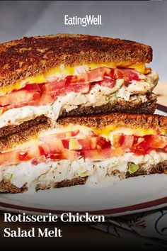 two grilled sandwiches on a plate with the words rotisseie chicken salad melt