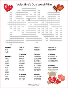 valentine's day word fill in crossword puzzle with teddy bear and heart on it