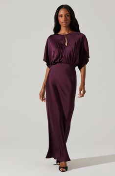 Satin dolman maxi dress Dolman sleeves, elastic waist Center front keyhole cutout with hook closure Dry clean only 100% Viscose Style #ACDR102416 Dolman Sleeve Wedding Dress, Summer Maxi Dress With Draped Sleeves And V-neck, Satin V-neck Midi Dress With Draped Sleeves, Chic V-neck Maxi Dress With Draped Sleeves, Dolman Sleeve Maxi Dress, Dolman Sleeve Dress, Astr The Label, Mini Dress Shop, Spring Tops