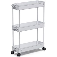 a white cart with three shelves on wheels