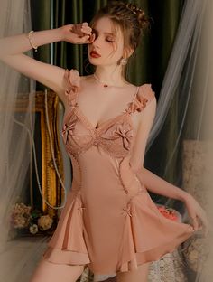 Color: Rose Gold, Size: M Pink Sleeveless Nightgown For Night, Feminine Pink Nightgown, Pink Fitted Chemise For Wedding Night, Pink Feminine Nightgown, Pink Sleeveless Sleepwear For Wedding Night, Fitted Pink Chemise For Wedding Night, Feminine Pink Sleeveless Chemise, Summer Wedding Night Pink Chemise, Pink Feminine Nightgown For Wedding Night