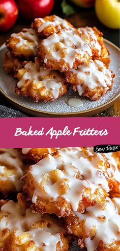 baked apple fritters on a plate with apples in the background and text overlay that reads baked apple fritters