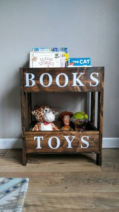 a book shelf with books and toys on it