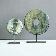 Mufti Designs - Green Yubi Marble Disks Ceramic Ideas, Decorative Sculpture, Black And White Color, Metal Stand, Green Marble, Sage Green, White Color, Decorative Accessories, Marble