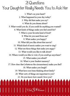 a red and white photo with the words 21 questions your daughter really needs you to ask her