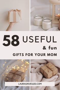 a pin that says in a large font 58 Useful & Fun Gifts for Your Mom Mother’s Day Presents Ideas, Cool Gifts For Mom, Best Gifts For Parents, Christmas Gift Basket For Mom, Diy Gifts For Mom From Daughter, What To Get Mom For Her Birthday, What To Get Your Mom For Her Birthday, Gift Ideas For Moms Birthday