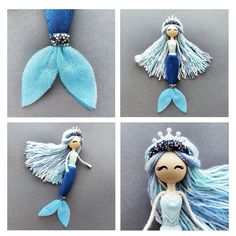 four different pictures of mermaid dolls with blue hair